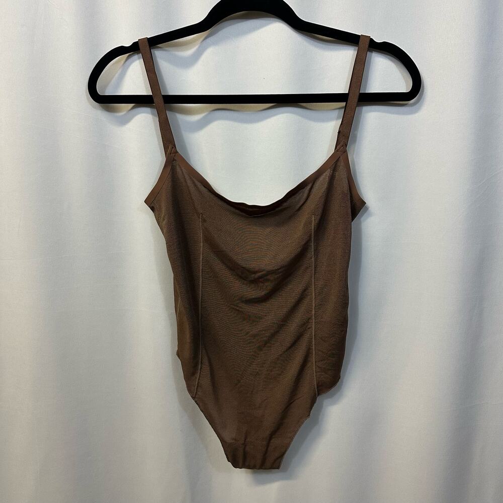 SKIMS Brown Mesh Thong Bodysuit Adjustable Strap Square Neck Small